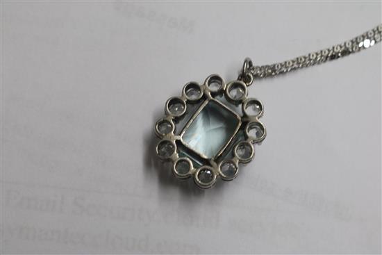 A white gold, aquamarine and colourless stone cluster pendant on an 18ct white gold chain, bar brooch & pin.